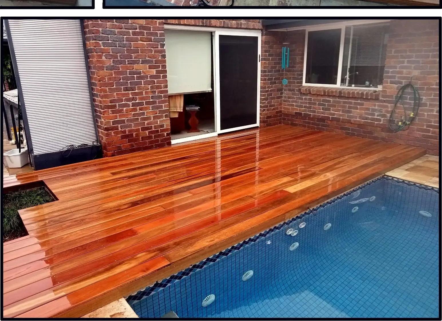 Oiled merbau pool deck beside brick home - Gold Coast outdoor living